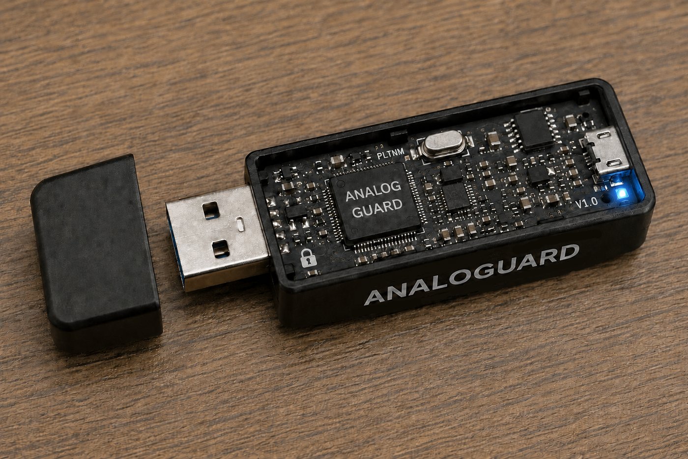 Development depiction of the targeted Analog Guard USB device showing the USB-A connector and exposed circuitry.