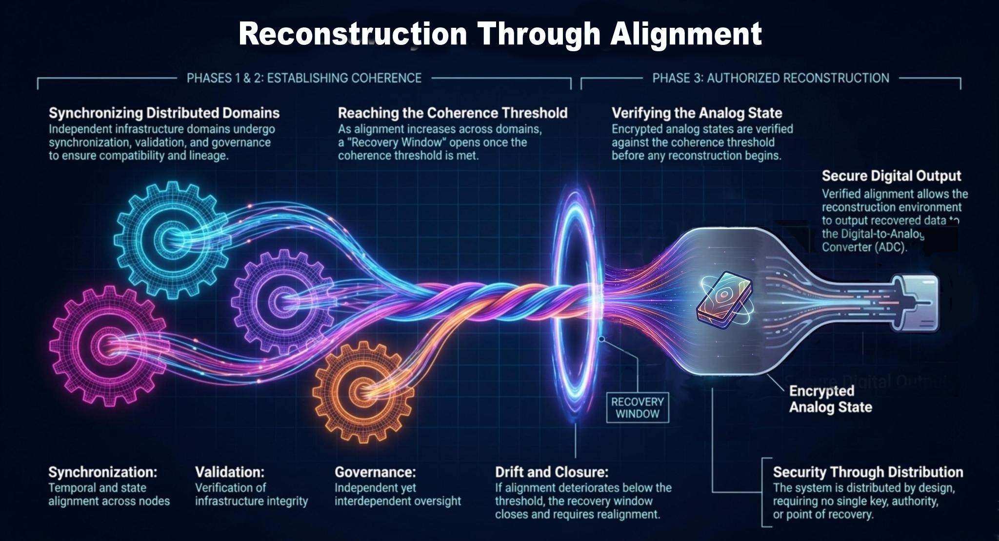 Reconstruction Through Alignment — distributed domains synchronize, validate, and are governed; reaching the coherence threshold opens a recovery window for authorized reconstruction; drift and closure require realignment; security through distribution with no single key, authority, or point of recovery.